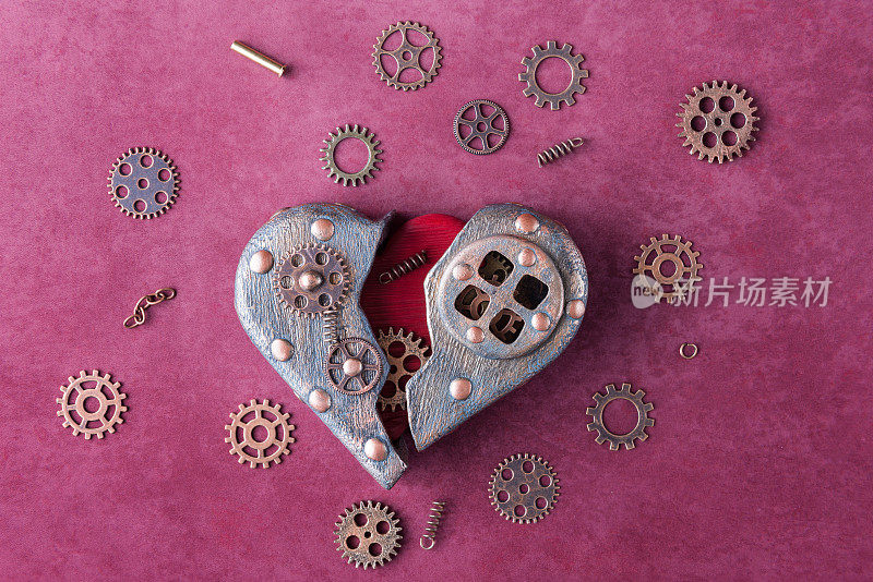 Broken heart and mechanical parts in steampunk style. Love and Valentineâs day idea. Concept of broken relationship